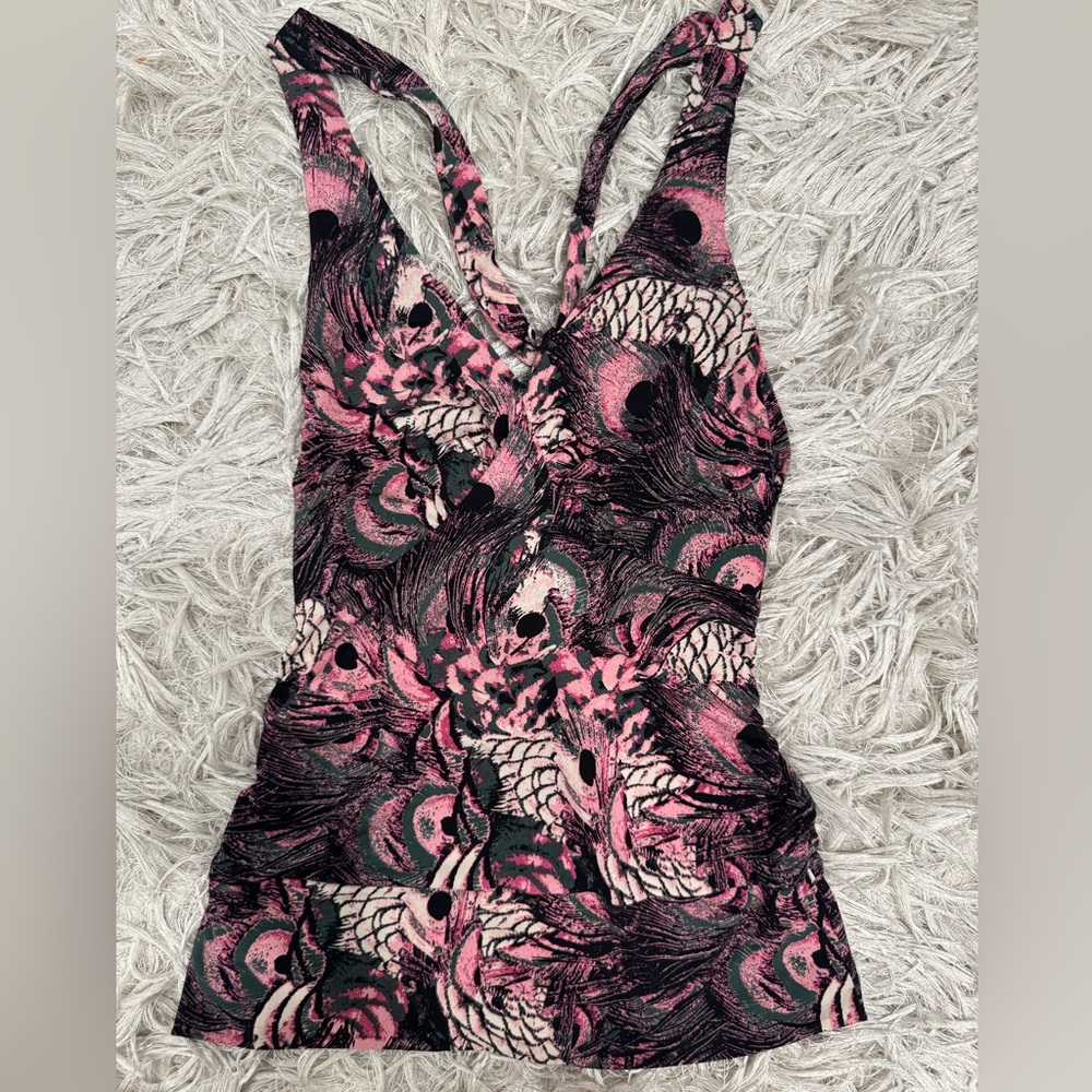 Bisou Bisou Peacock Print Halter top- Pink and Black